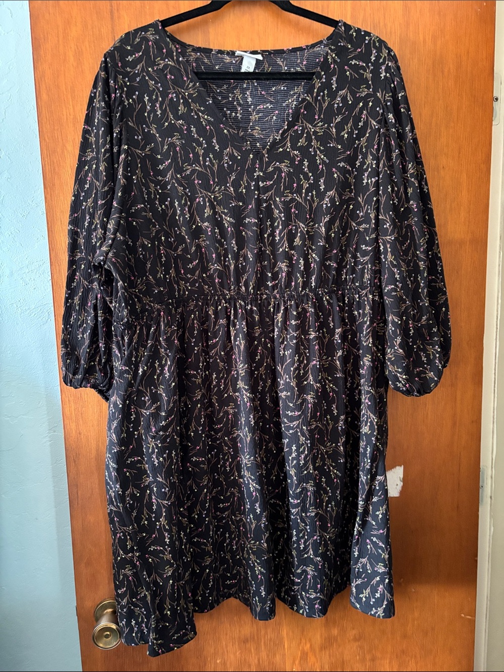 Ava & Viv Black Floral V-Neck Dress with Pink and Cream Accents